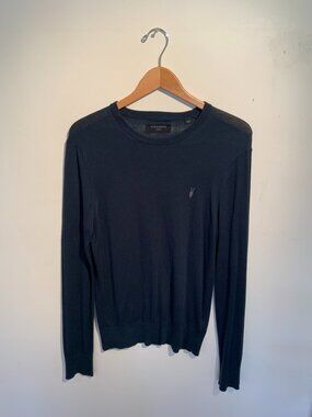 AllSaints Black Lightweight Crewneck Sweater Size S Minimalist Logo